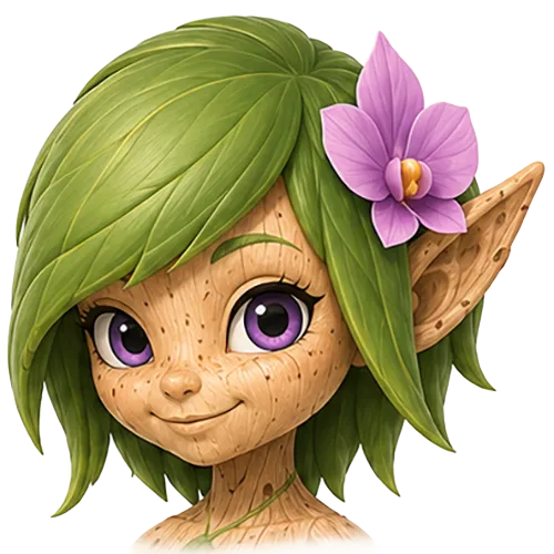 Portrait d'Iris, la fée-orchidée à la peau d'écorce, cheveux de feuilles et yeux iris violets